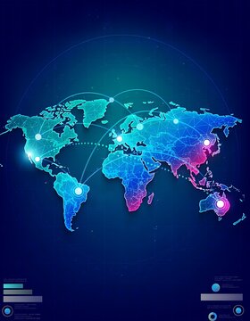 Global network connections illuminated on world map.