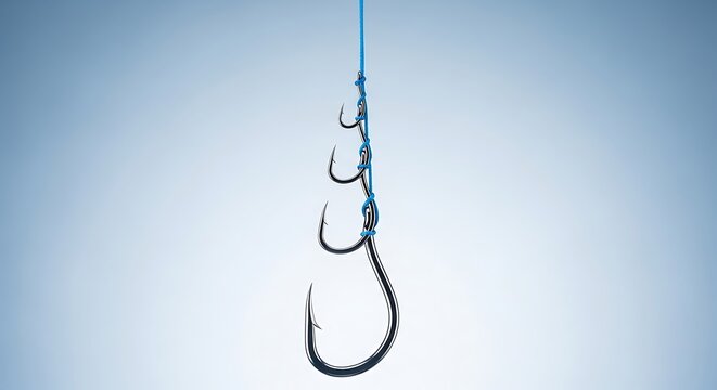 Three sharp fishing hooks hanging from a blue rope line