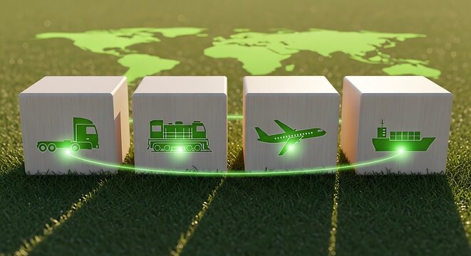 Transportation icon set connected on wooden blocks with world map