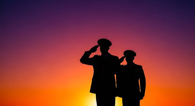 Two military soldiers salute silhouetted against a vibrant gradient sunset sky