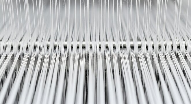 White threads tightly arranged on an industrial textile manufacturing machine