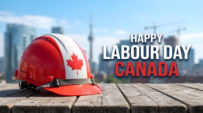 Happy labour day canada greeting with a red construction hard hat featuring a maple leaf on a wooden surface