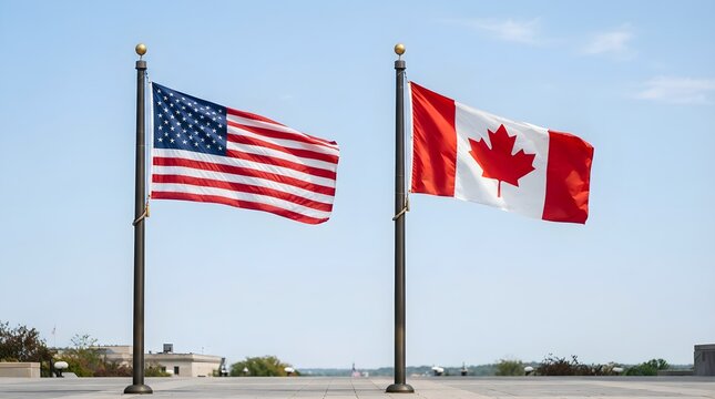 American and canadian flags waving together in the wind during the labour day holiday weekend celebration
