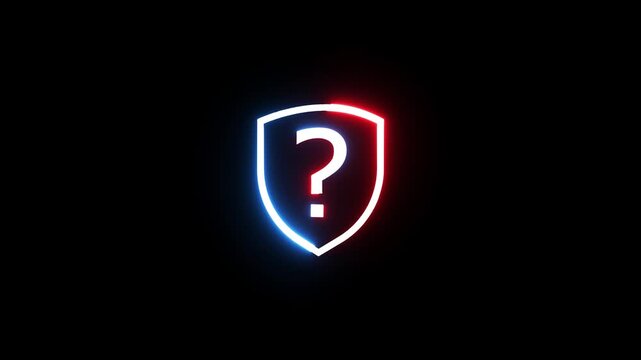 Neon glowing shield with question mark symbol pulsing animation on black background video.