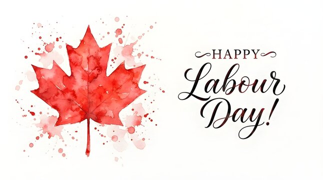 Happy labour day greeting card with a beautiful red watercolor maple leaf on white background