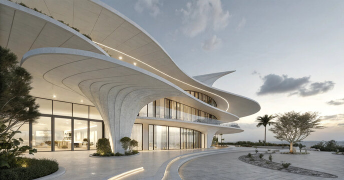 Luxury modern architectural building exterior with flowing organic curves and warm lighting. Contemporary organic design resort exterior at dusk with elegant landscaped garden