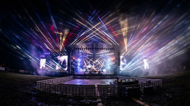 Vibrant stage lighting show illuminating nighttime outdoor concert performance