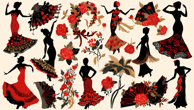 Collection of flamenco dancer silhouettes, red roses, and traditional Spanish fans, depicting vibrant cultural elements.