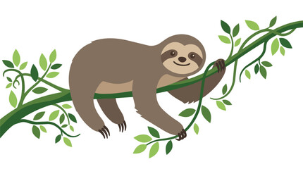 Fototapeta premium Cute Brown Sloth Character Smiling and Relaxing on a Green Tree Branch in the Tropical Jungle Forest Illustration