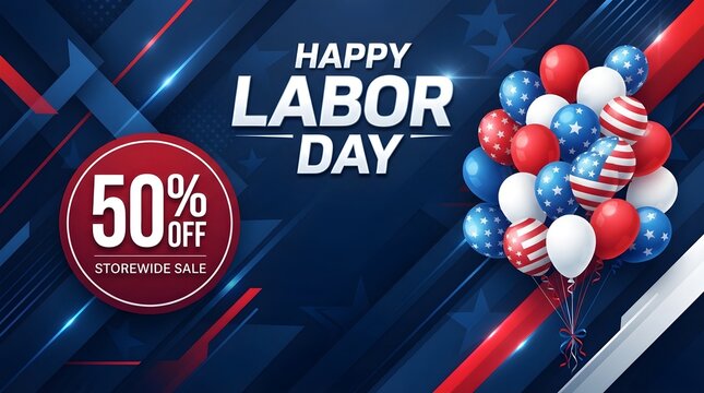 Happy labour day sale banner with fifty percent discount and festive balloons in red white and blue colors