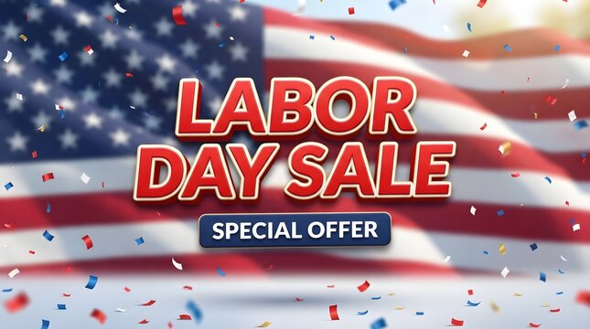 Labor day sale promotional banner with red text and american flag background for holiday shopping events