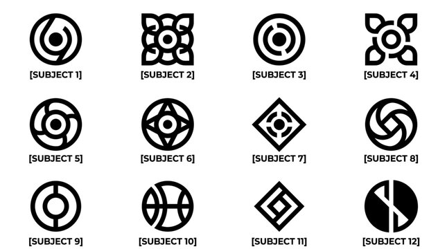 Set Of Twelve Minimalist Geometric Logo Symbols On White Background