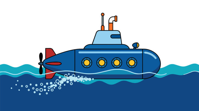 Blue Submarine Floating on Deep Ocean Waves with Periscope and Portholes for Nautical Marine Exploration Art