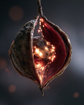 Seed dormancy is seen as a glowing core inside a shell, illustrating biological processes under a dark and elegant atmosphere.