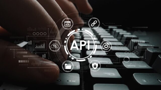 Close-Up of Hands Typing on Keyboard with Overlay of API Icons and Digital Elements for Technology and Development Concepts. Entropy.