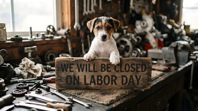 A cute jack russell terrier dog sitting in a workshop with a sign announcing we will be closed on labour day