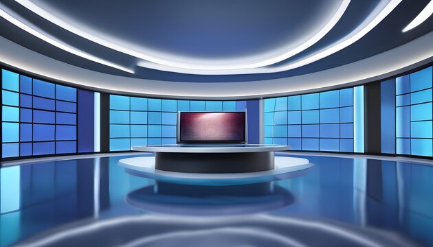 Modern virtual TV news studio with curved LED video wall and glossy floor
