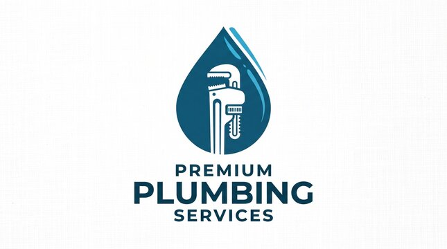 Plumbing services logo icon with adjustable pipe wrench inside water drop symbol for professional repair and maintenance design