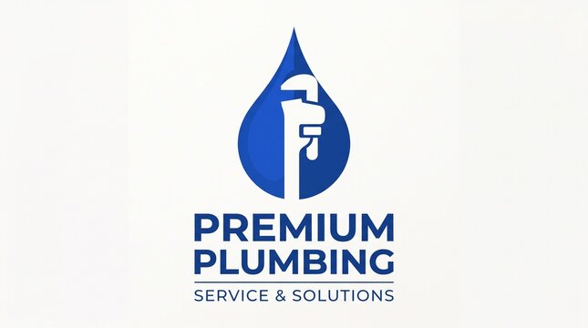 Professional plumbing service and solutions company logo featuring a blue water drop combined with a wrench symbol