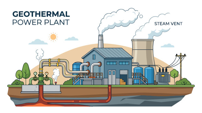 Sustainable Geothermal Power Plant Energy Station Illustration with Steam Vents and Renewable Resource Concept
