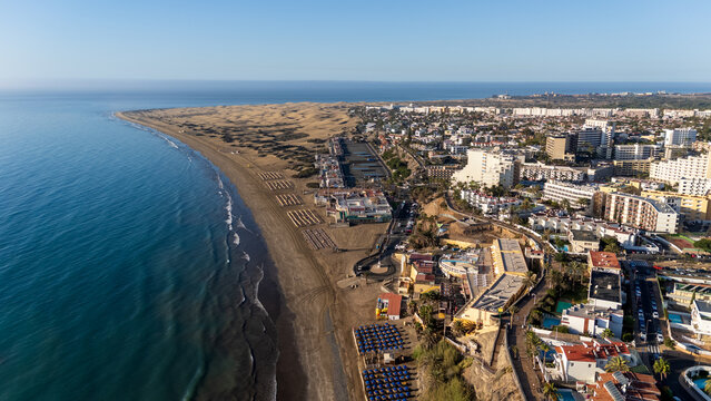 Aerial panorama view of hotels in Playa del Ingles, Maspalomas Dunes, beach and Atlantic ocean on Canary Island Gran Canaria, Spain