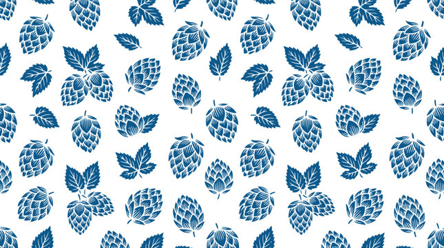 Seamless pattern with blue stylized hops flowers and leaves for beer brewing and pub design Vector