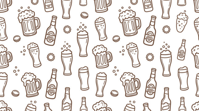 Seamless pattern with hand drawn beer mugs bottles and foam bubbles in black and white sketch Vector
