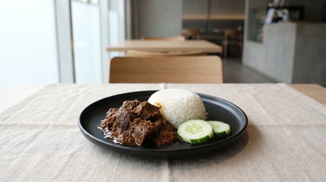 Authentic beef rendang plated with steamed rice in a modern restaurant style. Great for hospitality marketing, menus, travel promotions, and culinary branding.