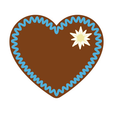 Brown gingerbread heart cookie decorated with blue icing and a small white edelweiss flower Vector