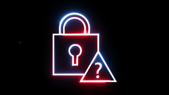 Neon padlock icon with warning question mark symbol pulsing in red and blue light effect.