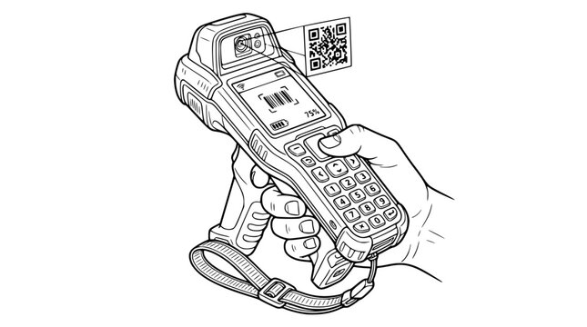 Line Art Illustration of a Rugged Handheld Barcode Scanner Scanning QR Code