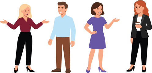 Fototapeta premium Professional icons, group characters, workplace diversity, teamwork collaboration, student success, modern design, productivity tools, creative ideas, leadership skills, motivation growth