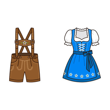 Traditional bavarian lederhosen and blue dirndl dress for oktoberfest celebration illustration Vector