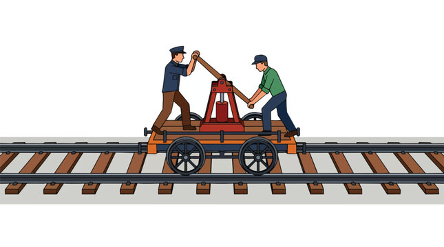 Vintage Railroad Handcar with Two Workers Operating Manual Pump Trolley on Steel Railway Tracks Illustration