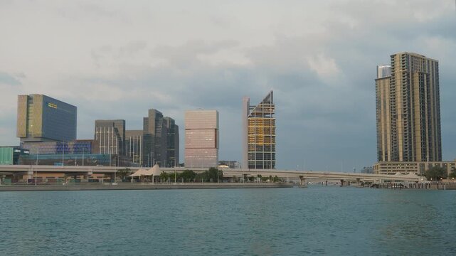 evening sunset time abu dhabi city new modern bay traffic bridge panorama 4k united arab emirates