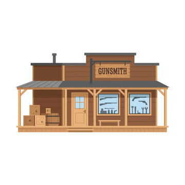 Pixel art style gunsmith shop building in the old wild west style with wooden front Vector