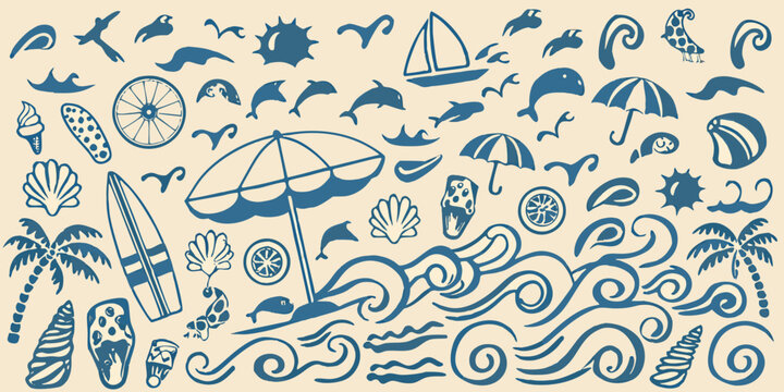 Beach Elements Illustration With Surfboards Seashells And Marine Life