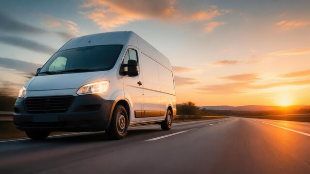 White commercial delivery van driving on an open asphalt highway at dramatic golden sunset