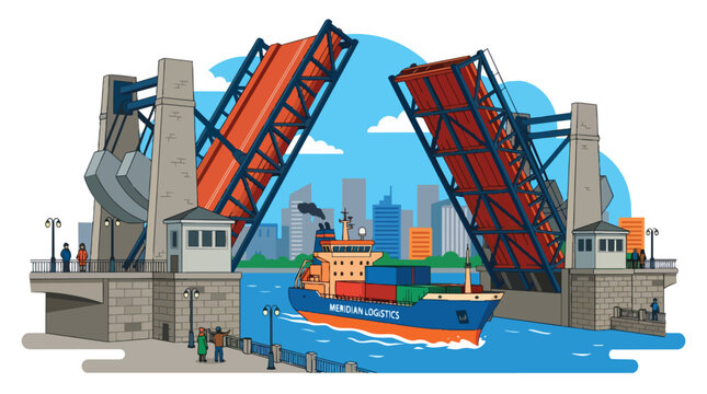 Industrial Cargo Vessel Navigating Under a Raised Bascule Bridge with Urban City Skyline in Background