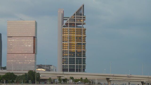 evening sunset time abu dhabi city new modern bay buildings exterior panorama 4k united arab emirates
