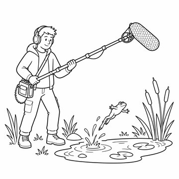 Line art illustration of a professional field sound recordist with boom pole and headphones capturing nature audio of a jumping frog in a pond with cattails and lily pads.