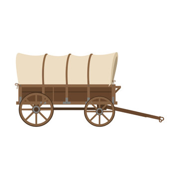 Old brown wooden pioneer covered wagon with a canvas top for travel in the american west Vector