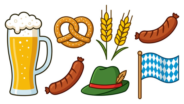 Set of traditional german oktoberfest beer pretzel sausage and hat icons on a white background Vector