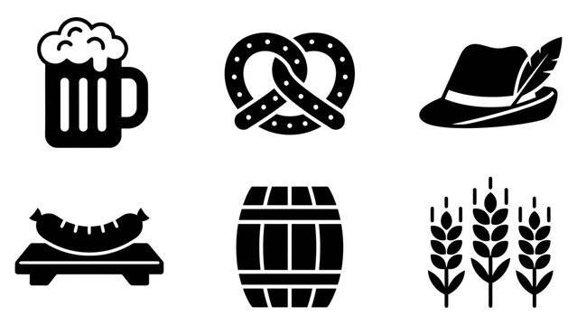 Set of black icons for oktoberfest with beer mug pretzel hat sausage barrel and wheat stalks Vector