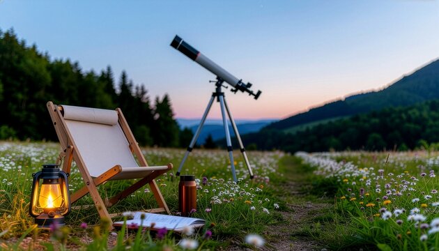 Peaceful evening stargazing setup with telescope in mountain meadow