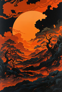 Generated conceptual japanese-style surreal fictional landscape illustration.