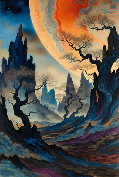 Generated conceptual japanese-style surreal fictional landscape illustration.