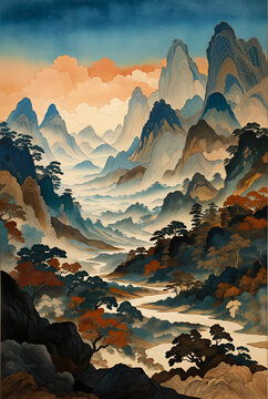Generated conceptual japanese-style surreal fictional landscape illustration.