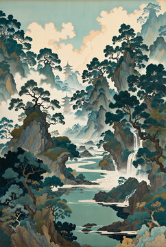 Generated conceptual japanese-style surreal fictional landscape illustration.