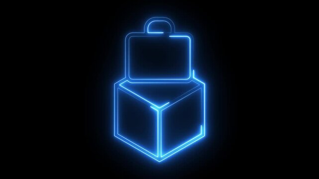 Neon glowing briefcase icon animation isolated on black background for business concept.